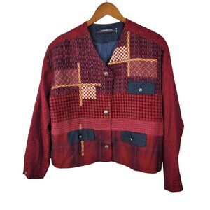 Vintage Canvasbacks XL Patchwork Jacket Plaid Wool Silk Art To Wear Red Royal